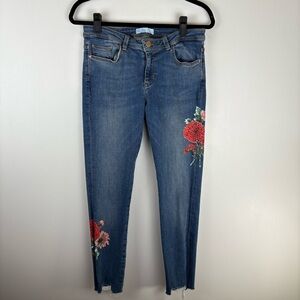 Zara Basic Jeans Womens 8 Blue Denim Flower Floral Skinny Ankle Raw Hem 27”